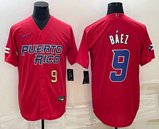 Men%27s Puerto Rico Baseball #9 Javier Baez Number 2023 Red World Baseball Classic Stitched Jerseys